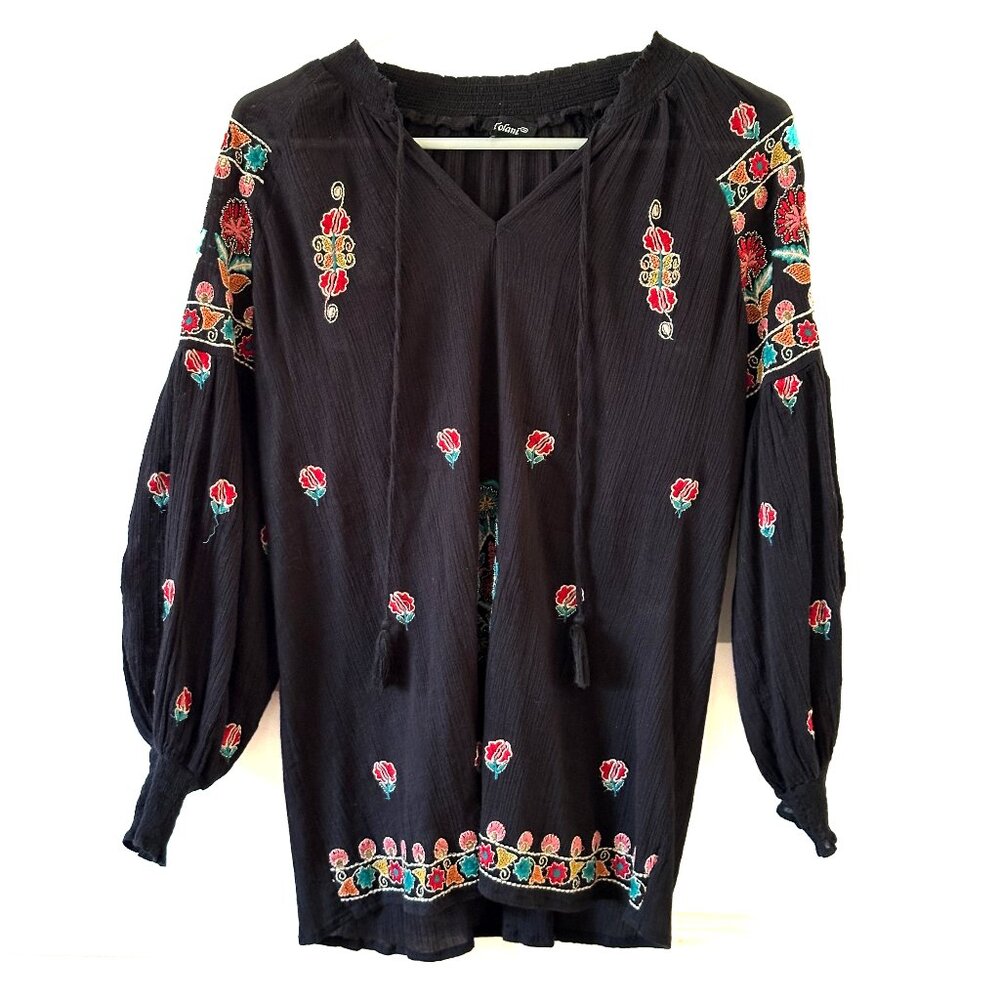 Beautiful Tolani Black Embroidered +Beads Top Cotton Blouse SMALL - Runs Large